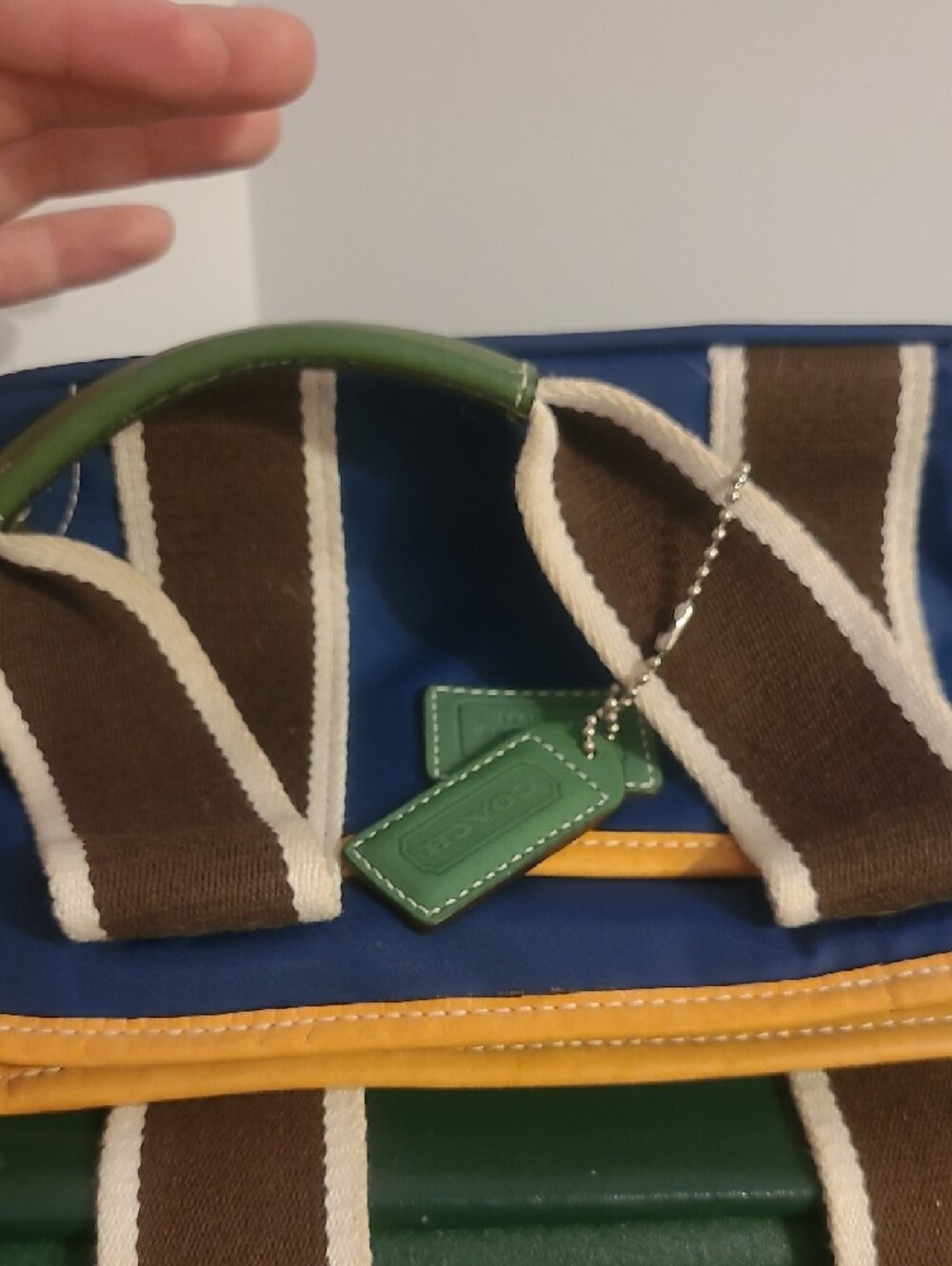 Coach Blue Tote Bag with Brown Accent and Yellow Trim Lined In Signature Plastic - Picture 9 of 12